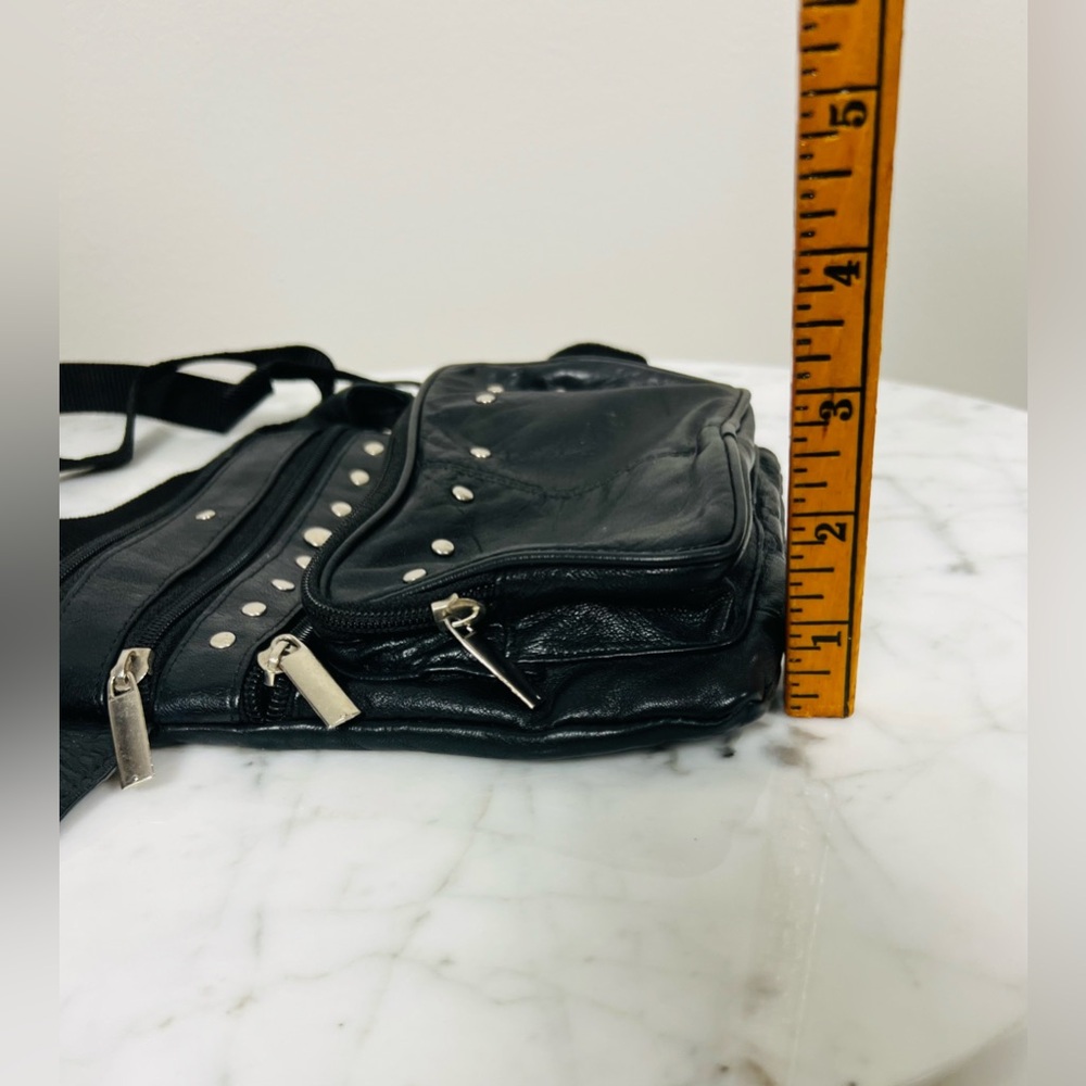 Black Leather Fanny Pack / Motorcycle Waist Bag with Studs - Picture 11 of 13
